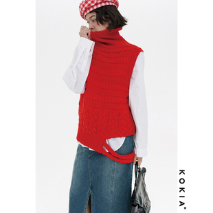 KOKIA  羊绒混纺正红色高领麻花边马甲毛衣背心