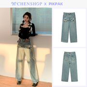 PikPak时尚复古水洗蓝假两件直筒阔腿牛仔裤女CHENSHOP设计师品牌