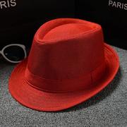 棉麻纯色小礼帽爵士帽太阳帽男士女士情侣款英伦遮阳帽红帽子结婚