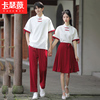 中国风情侣装夏季唐装短袖t恤盘扣上衣汉服红色裙子套装学生班服
