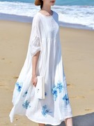 双层苎麻连衣裙女夏季新慵懒(新慵懒)风棉麻袍子，蓝染宽松仙女长裙白色裙子