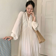 韩国chic秋季法式复古系带，v领拼接镂空蕾丝，花边长袖连衣裙长裙女