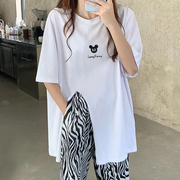 韩版2021夏季纯棉不规则，米奇t恤女上衣开叉，中长款体恤设计感