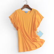x373纯色显瘦宽松圆领蕾丝花边飞飞，袖夏季2023气质时髦女t恤