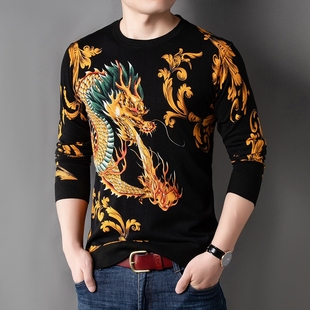 春3d印花中国龙男士(龙男士)长袖，t恤流行植物，花藤龙针织衫创意打底衫上衣