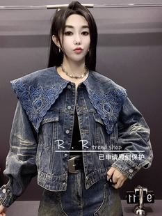 2023秋季新款蕾丝钩花娃娃领披肩单排扣上衣长袖开衫牛仔外套女
