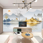 8d新中式金色麋鹿电视背景墙壁纸客厅山水画5d墙布3d影视墙纸壁画
