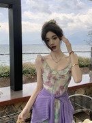紫罗兰长裙夏季法式修身气质高腰飞飞袖绿色清新连衣裙
