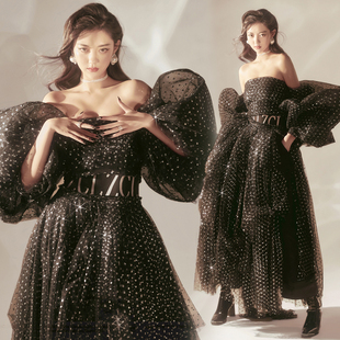 时尚杂志女王范写真拍摄影楼服装 一字肩泡泡袖黑色烫金礼服