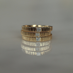 18K金细圈条纹公主方型钻石戒指指环镶嵌珠宝真金真钻