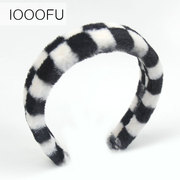 韩国黑白格发箍 黑色撞色格子绒毛织物保暖发箍时尚黑白条纹发饰
