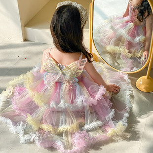 女童连衣裙夏装六一儿童演出彩虹带翅膀吊带礼服，裙子蓬蓬纱公主裙