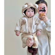 韩版儿童冬季可爱小熊，夹棉加厚棉衣男女宝宝，加绒保暖连帽外套棉服
