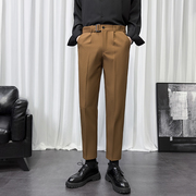 咖啡色裤子男显高九分小脚英式西装裤，秋季发型师正装腰带双褶西裤