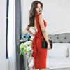 夏装2022女韩版修身无袖，连衣裙红色性感，露背荷叶边开叉包臀裙