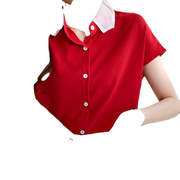 2022夏装宽松职业，衬衣女红色翻领雪纺衫，小众短袖衬衫女