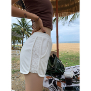 蕾丝拼接运动短裤女2024夏季时尚显瘦修身直筒高腰休闲热裤