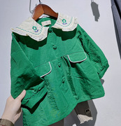 超值韩版女童绿色超美领子，绣花小风衣儿童春秋童装小童外套