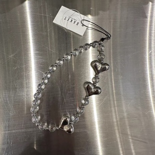 韩国baket银色爱心透明水晶串珠手机链挂绳手腕绳时尚复古