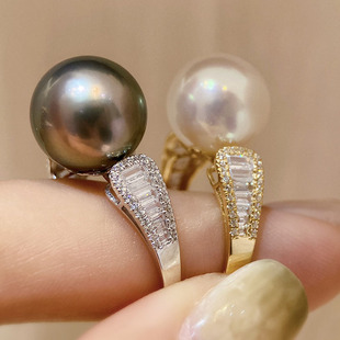 18k黄金色锆石11-12mm黑珍珠戒指配件时尚优雅白金色正圆裸珠空托