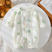 婴儿夏季纯棉长袖纱布连体衣，0-1岁宝宝超萌可爱薄款衣服a类空调服