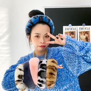 韩国ins真獭兔毛豹纹，发箍冬季皮草兔毛宽版发带，毛毛发卡纯色发饰