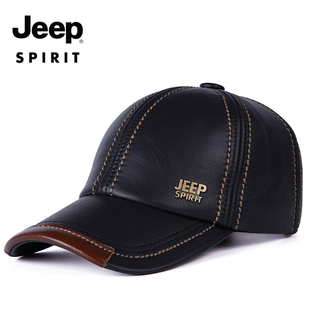 jeep真皮帽子男士中年户外棒球帽，秋冬季复古薄款保暖牛皮鸭舌帽潮