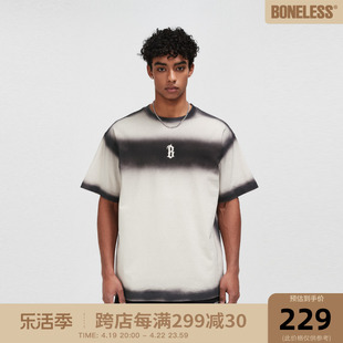 BONELESS喷色贴布T恤夏季国潮美式宽松纯棉短袖男高街潮牌半袖