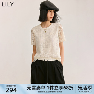 lily2024夏女装(夏女装)浪漫设计感优雅蕾丝镂空通勤款白色t恤雪纺衫