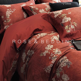 全棉数码印花被套美式高级感床品红色复古100支长绒棉床上四件套