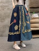韩版女装复古做旧立体花朵拼接牛仔半身裙中长款减龄a字半裙