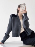 短款灰色针织开衫女春秋装时尚设计感拼色休闲小个子毛衣外套