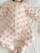 宝宝睡袋夏季纯棉长袖连体睡衣婴儿双层泡泡纱布防踢被儿童空调服