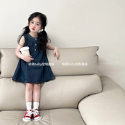 韩系女童薄牛仔背心裙，2024夏季儿童木，耳边无袖连衣裙棉牛仔裙