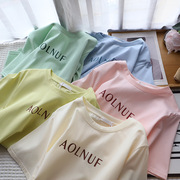 2024夏季韩版女装字母，清爽糖果色印花短袖，t恤上衣