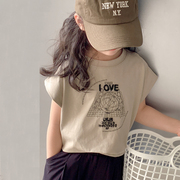 韩国童装女童短袖t恤2024夏装，儿童大童夏季无袖薄款洋气纯棉上衣