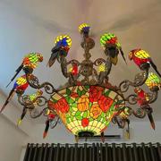 欧式复古双层彩色玻璃鹦鹉，吊灯大型客厅酒吧，别墅多头水晶玻璃灯