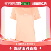 香港直邮Msgm橘色女士T恤活力橙圆领修身字母印花短袖领口加固