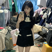 小香赫本风黑色娃娃领连衣裙子女夏季2023高级感法式气质短裙