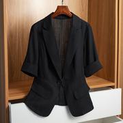 黑色棉麻短袖小西装，外套女士2024春季小个子，修身大码薄款上衣
