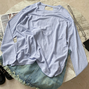 纯色圆领后背镂空长袖宽松简约T恤韩式上衣时尚休闲洋气C￥30c