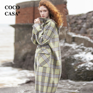 cococasa绿色格子羊驼毛双面呢大衣女，长款2024春秋，零羊绒毛呢外套