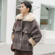 韩版宽松毛呢短外套，女小个子内里加绒，千鸟格子呢子大衣