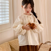 女童蕾丝花边衬衫，2024春季儿童韩版圆领，宽松娃娃衫百搭长袖潮