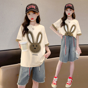 女童夏季套装韩版2024时髦洋气夏装女大童休闲牛仔短裤两件套