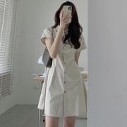 韩国chic夏季简约气质翻领单排扣收腰显瘦短袖，衬衫式小个子连衣裙