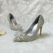 外贸鞋高端定制奢华彩水钻五彩水晶花穗明星同款西式银色高跟婚鞋