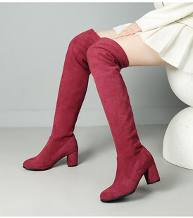 春秋冬豹纹红色靴子，粗跟高跟过膝长靴长筒，女绒面高筒大码女靴amy