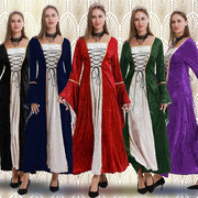欧美大码女装金丝绒，绑带喇叭袖复古中世纪连衣裙，长款舞台长裙