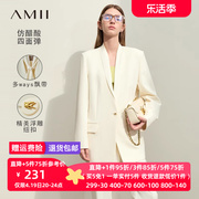 Amii2024春飘带V领一粒扣宽松中长西装女黑色西服正装职业装